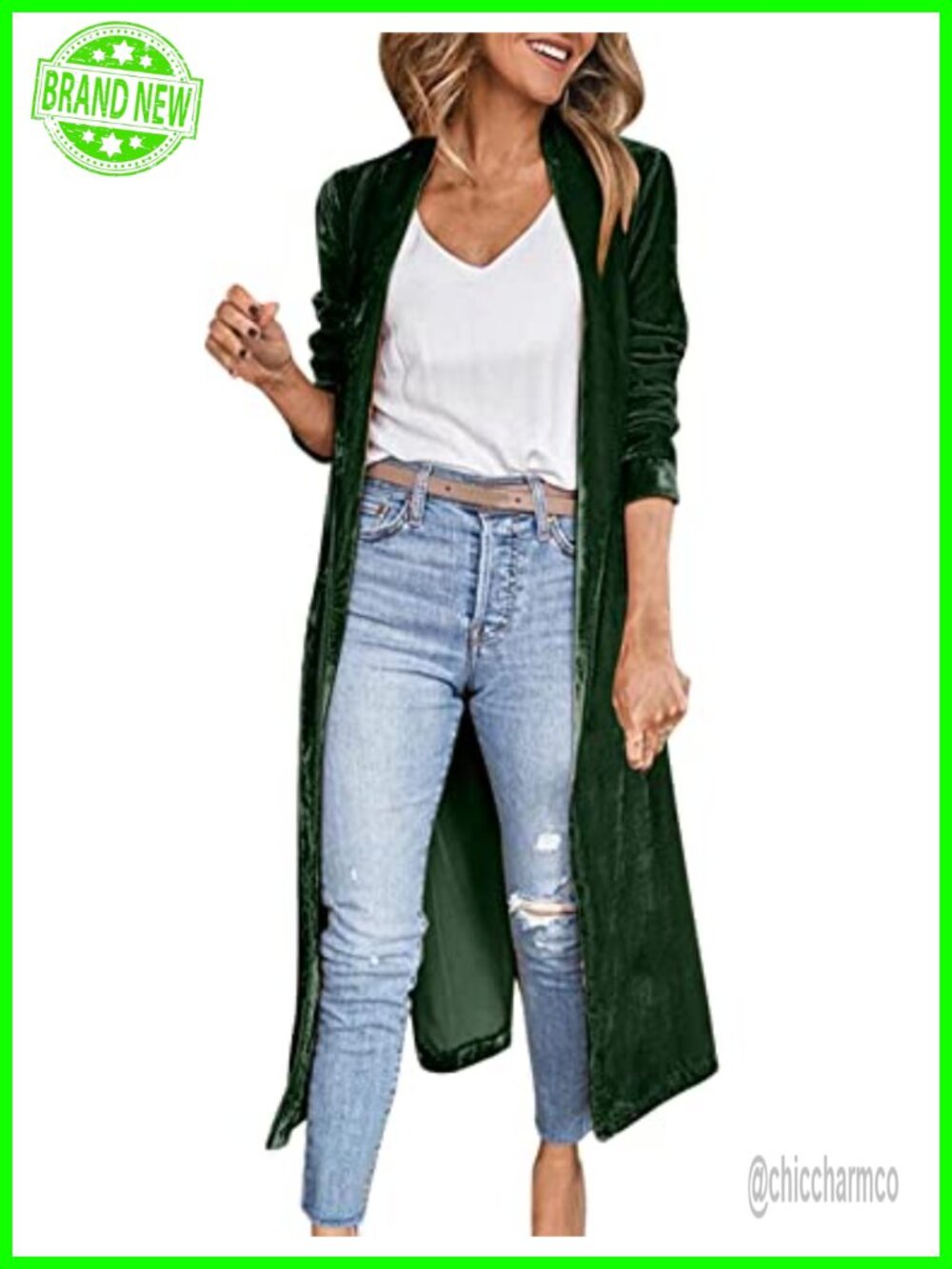 Velvet Maxi Cardigan Duster Open Front Long Sleeve Slim Fit Two Pocket